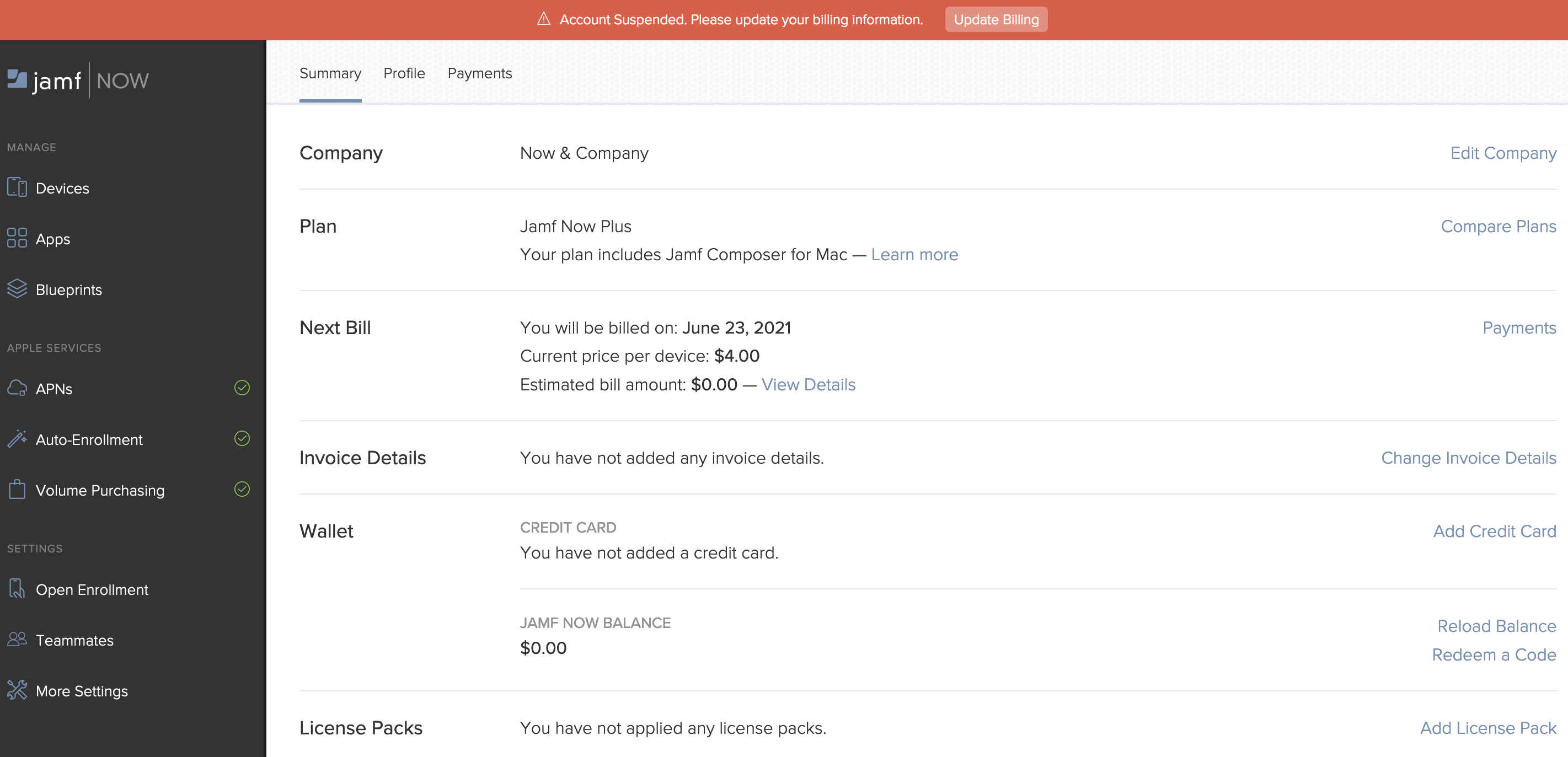 Bildschirmfoto der Account-Seite mit einer orangen Leiste oben im Bildschirm, die auf die Account-Sperrung hinweist.