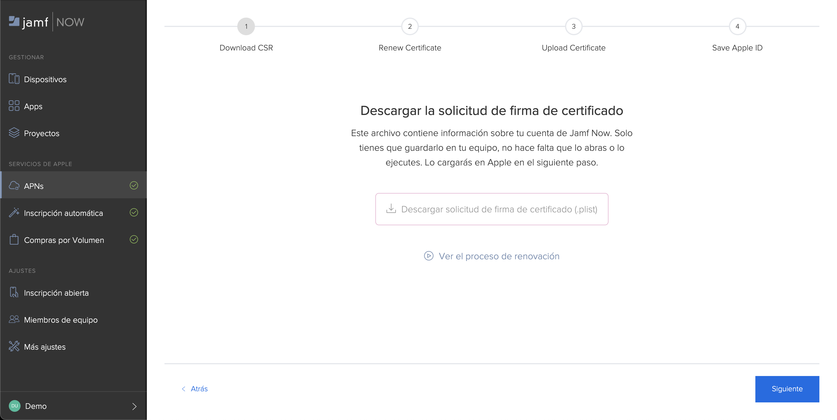 Captura de pantalla de la sección APNs, donde se muestra el primero de cuatro pasos para renovar tu certificado push.