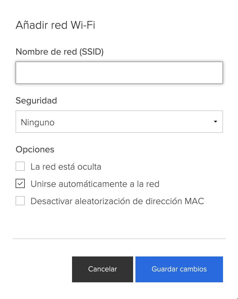Captura de la pantalla para añadir una red Wi-Fi, con el campo para introducir el «Nombre de red» o SSID.