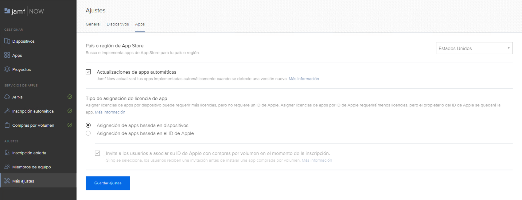 Captura de pantalla de la casilla «Actualizaciones de apps automáticas».