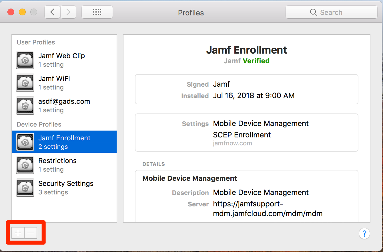 Captura de pantalla de un perfil de inscripción de Jamf en Preferencias del sistema en un Mac.