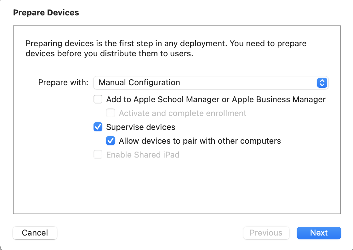 Captura de la pantalla «Preparar dispositivos», que muestra que el dispositivo está preparado con «Configuración manual».