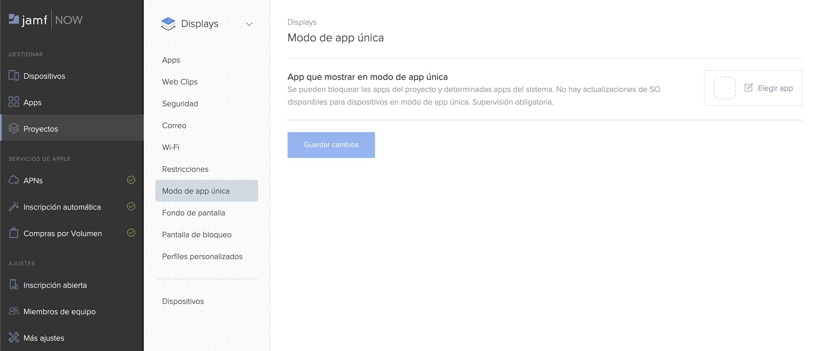 Captura de pantalla de un Proyecto con la opción «Modo de app única» resaltada.