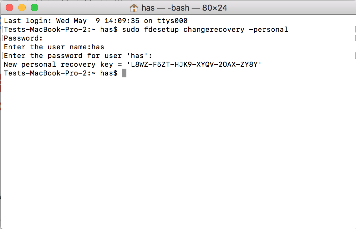 Captura de pantalla de la nueva clave de recuperación de FileVault en Terminal.