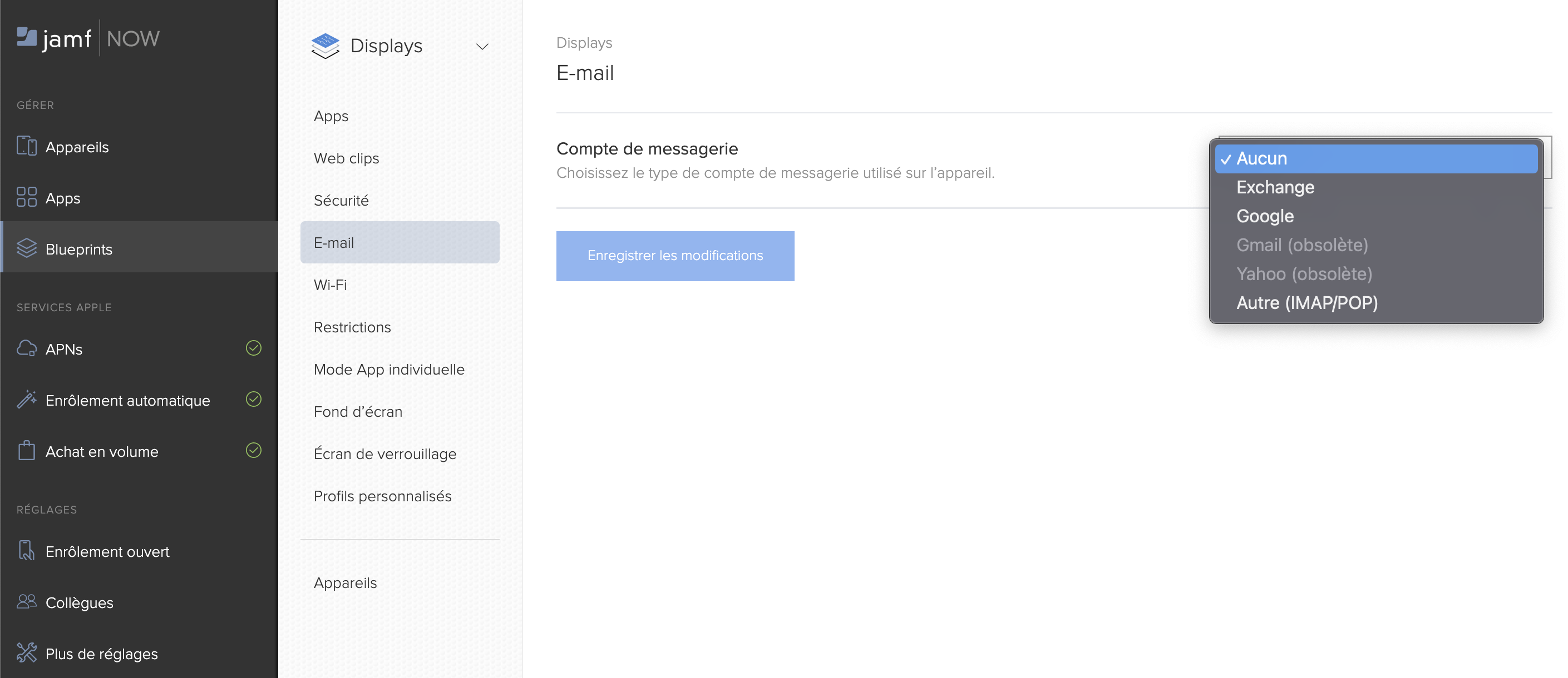Capture d’écran des options disponibles dans un Blueprint pour un compte de messagerie.