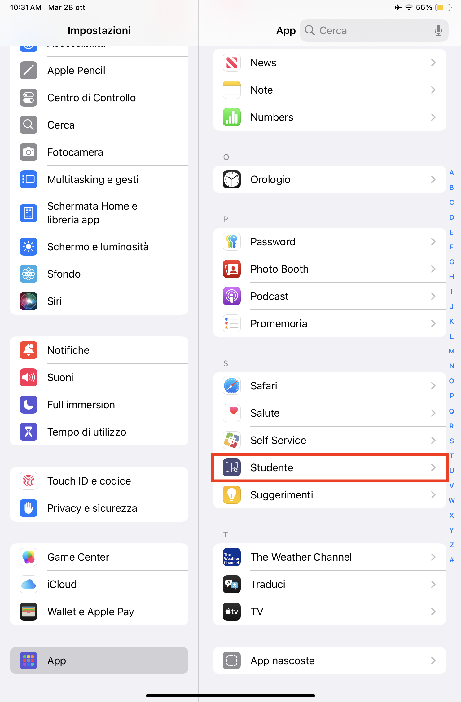 La barra laterale in Impostazioni con la voce App evidenziata, e l’elenco di app con Self Service cerchiato in rosso.