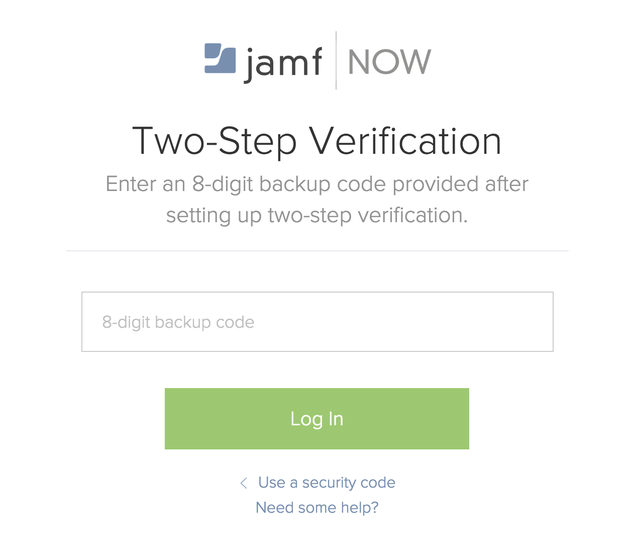 Screenshot of Two-Step Verification, with a field to enter an 8-digit backup code.