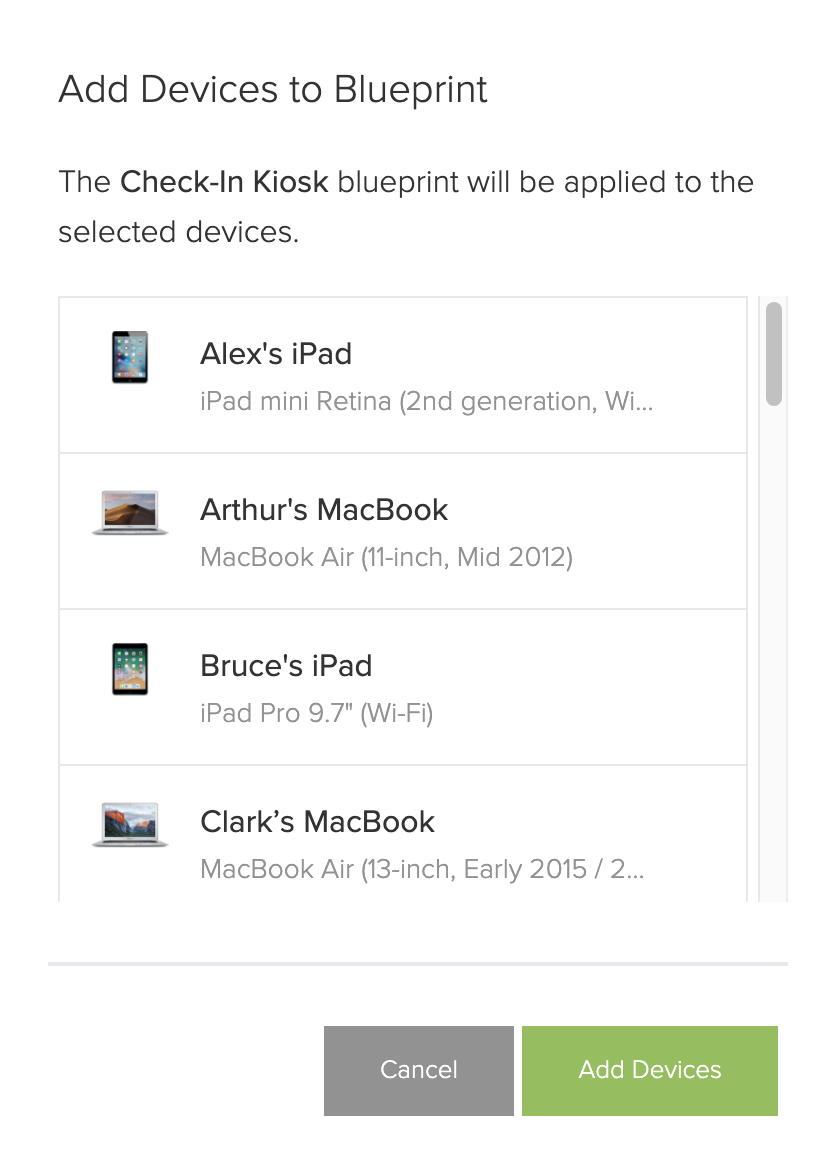 Screenshot of the Adding Devices pop-up menu