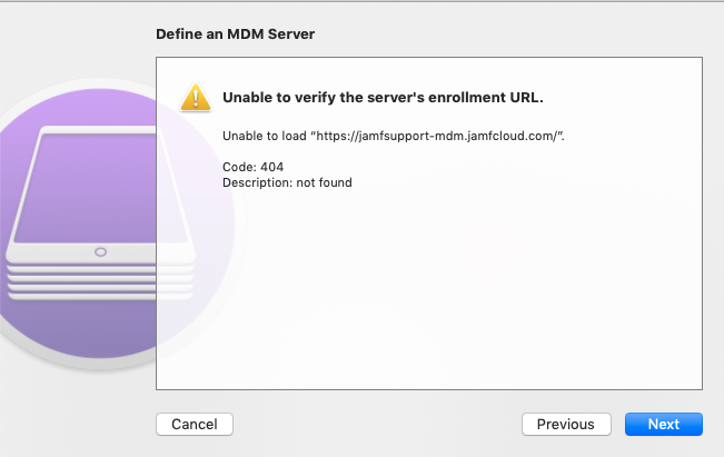 Screen shot of error message