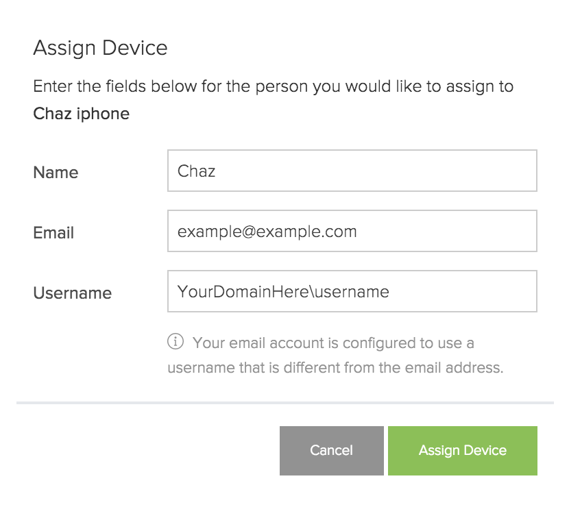 Screenshot of a Name, Email, and Username field, followed by an Assign Device button.