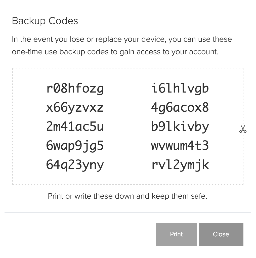 Screenshot of backup codes in the event that you lose or replace your device.