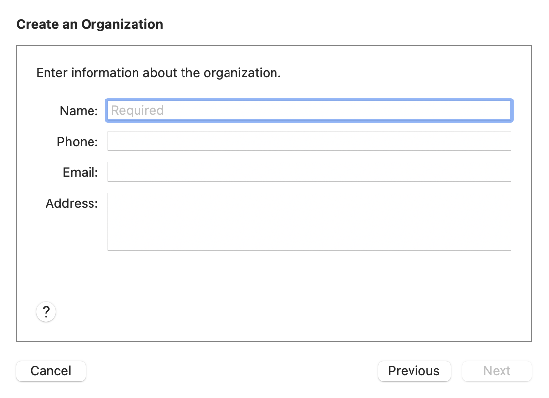 Screenshot of the information to enter about an organization under Create an Organization.