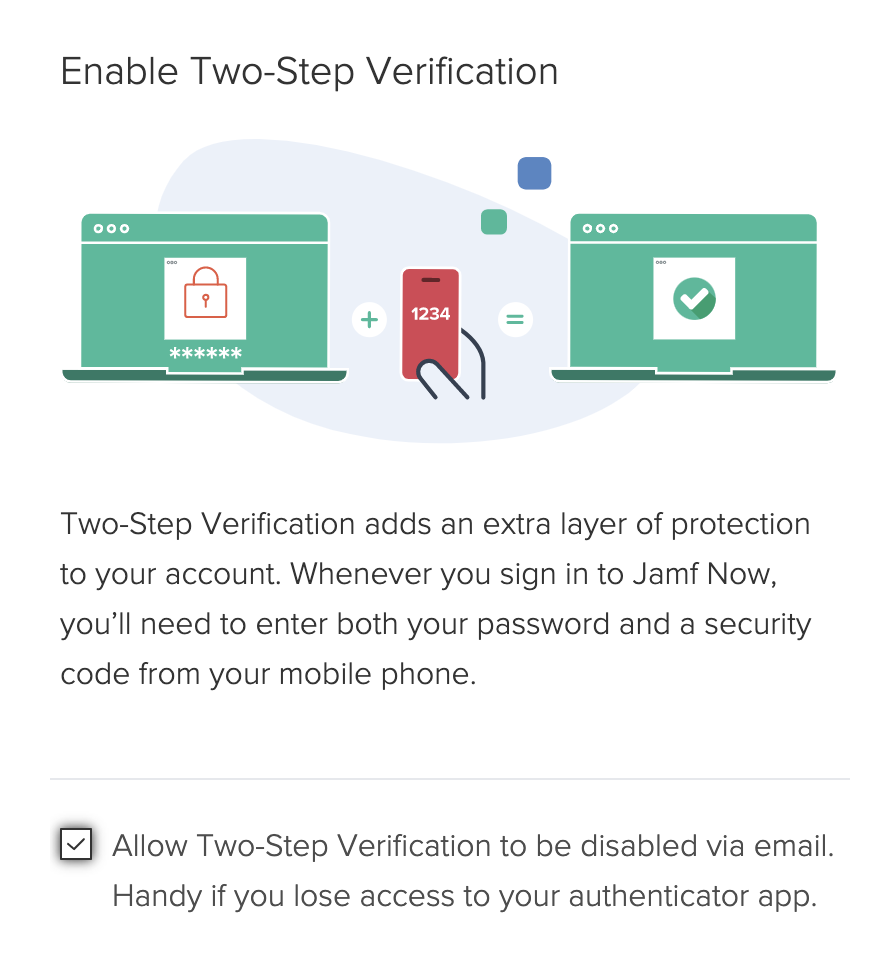 Screenshot of a checkmarked box that allows Two-Step Verification to be disabled via email.