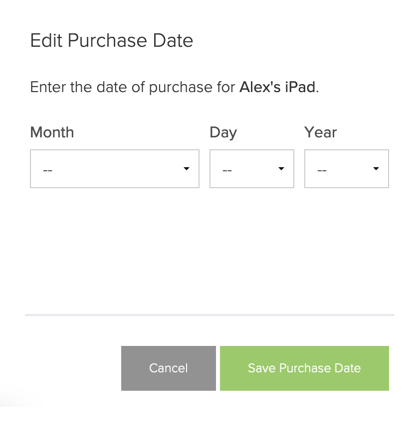 Screenshot of the information needed to edit the purchase date, like Month, Day, and Year, with a Save Purchase Date button.