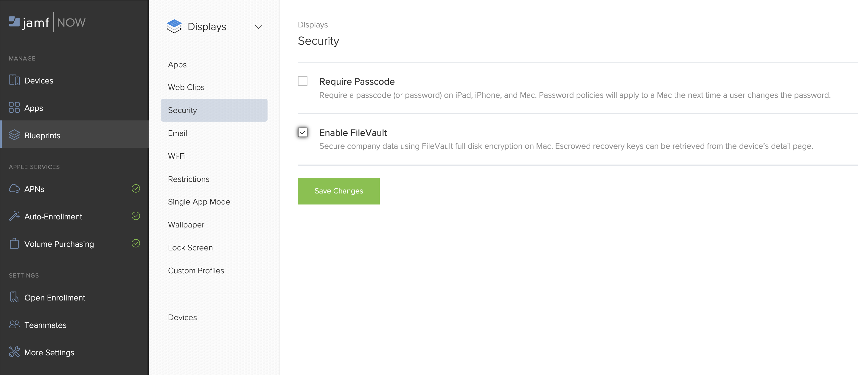 Screenshot of a Blueprint's security section, where you can enable FileVault.