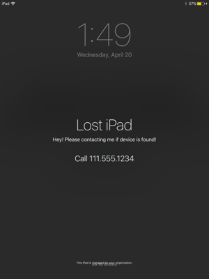 Screenshot of an iPad in Lost Mode, with a personal message and phone number to call.