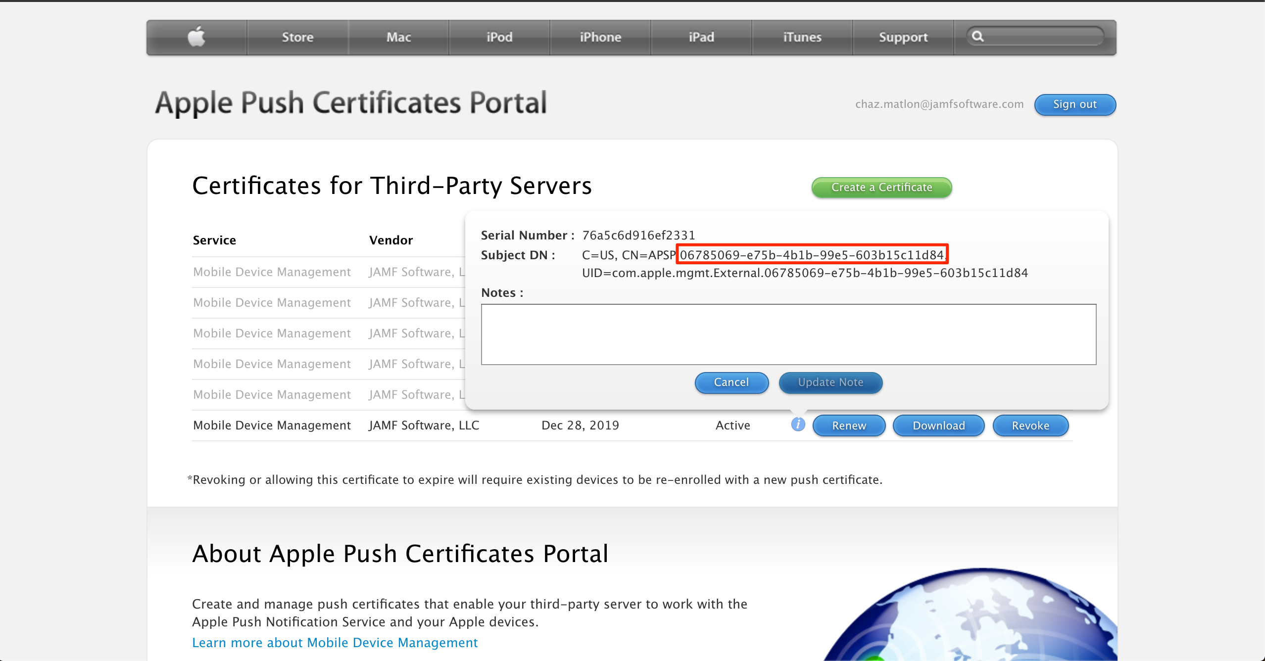 Screenshot of the Apple Push Certificates Portal, highlighting the Common Name displayed in the Subject DN section.