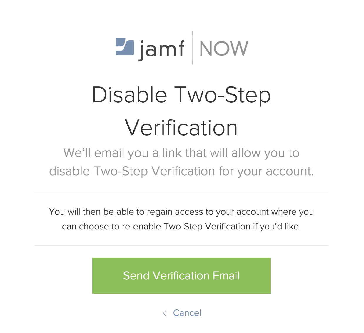 Screenshot of the Disable Two-Step Verification pop-up screen, with a button to Send Verification Email.