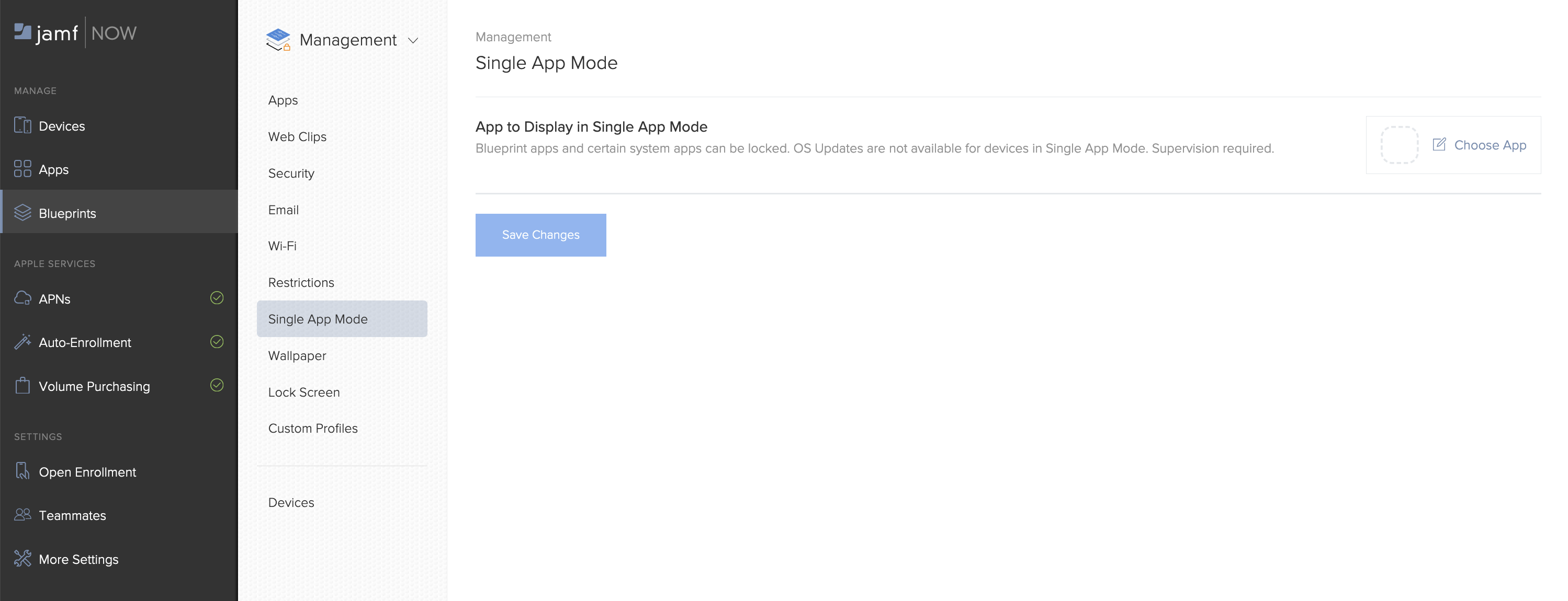 Screenshot of a Blueprint, highlighting Single App Mode.