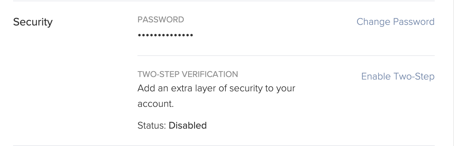Screenshot of the Security section, where you can enable two-step verification.