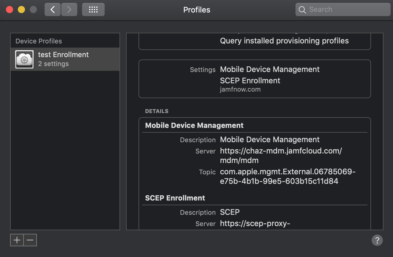 Screenshot of Profiles in System Preferences on macOS.