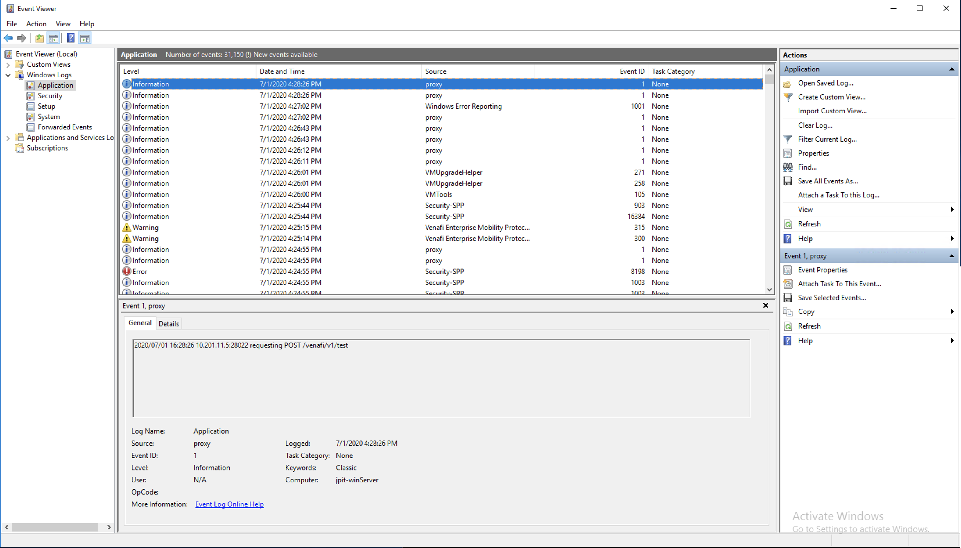 Screenshot of the Event Viewer displaying the Jamf PKI Proxy log.