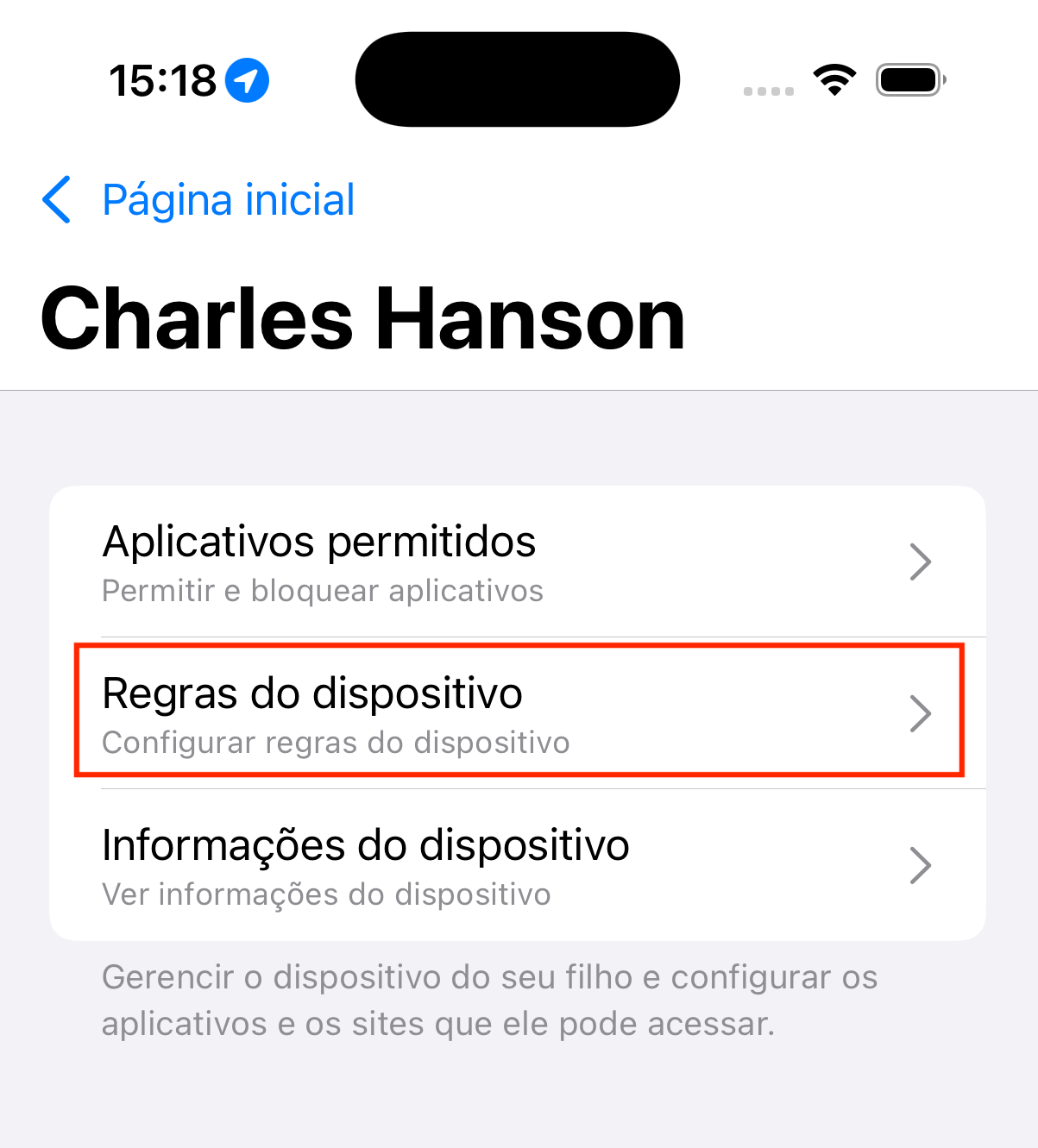 O menu de seleção com uma borda vermelha ao redor do botão de exibição de Regras do dispositivo.