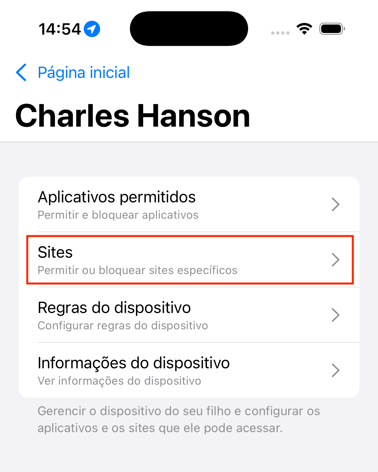 O menu de seleção com uma borda vermelha ao redor do botão de divulgação de sites.