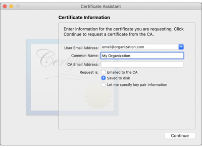 Certificate Information window in Certificate Assistant
