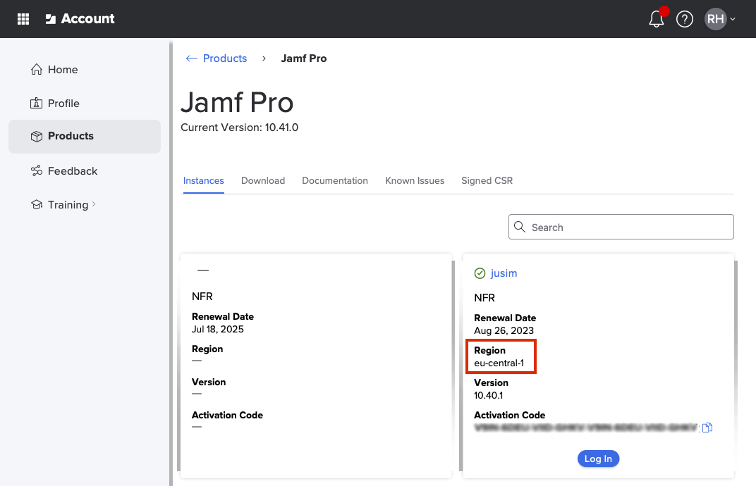 Screenshot of Jamf Pro instances on Jamf Account