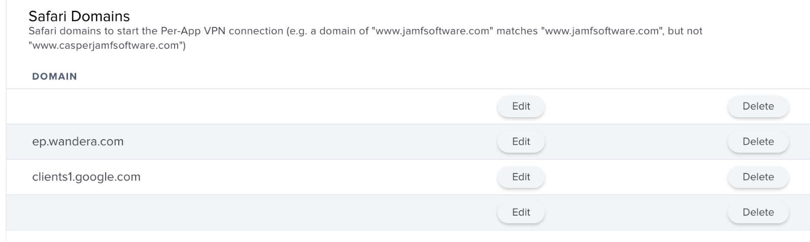 A screenshot of the Safari Domains screen in Jamf Pro, showing the default domains, ep.wandera.com and clients1.google.com.