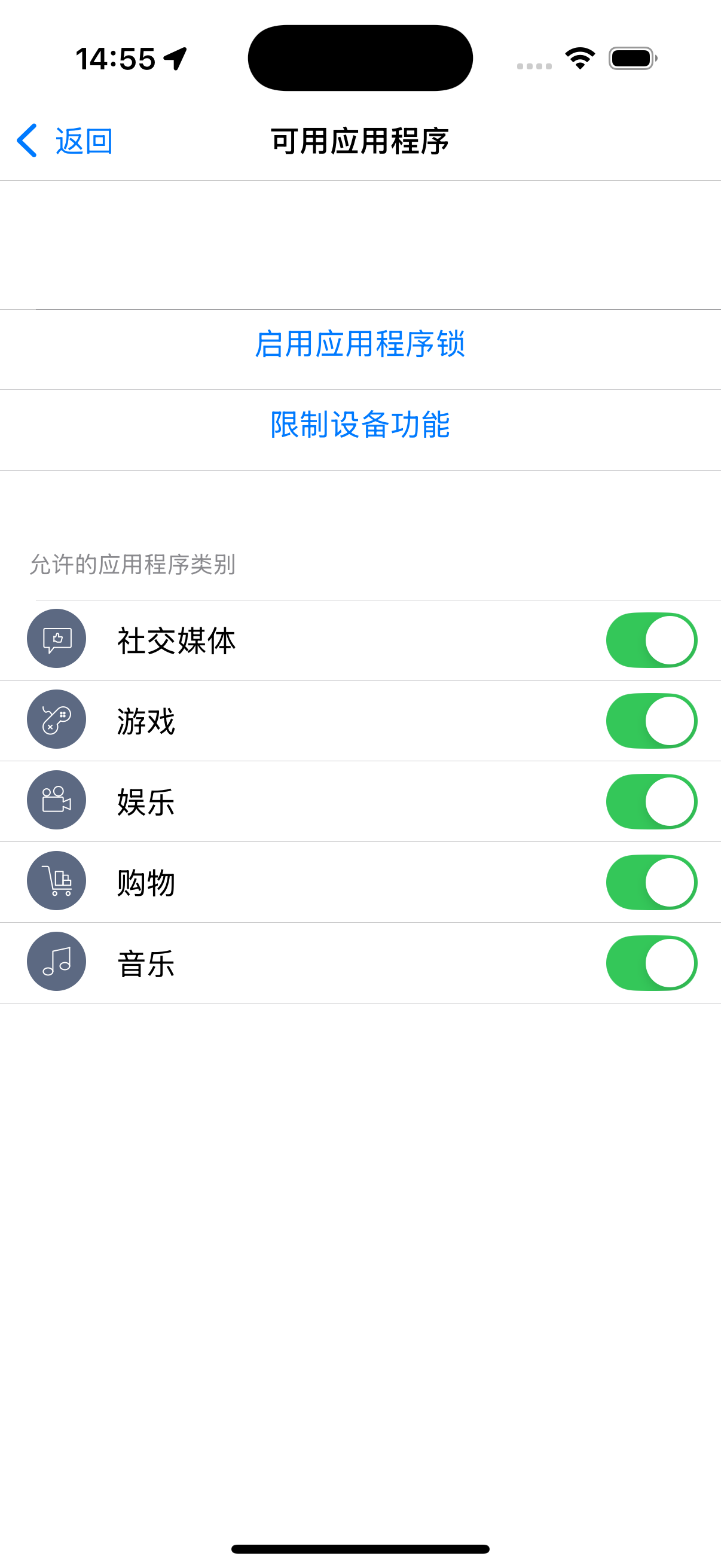 “允许的应用程序”屏幕包含“启用应用程序锁”按钮、“限制设备功能”按钮以及允许的应用程序类别列表,每个类别旁边都有一个开关。