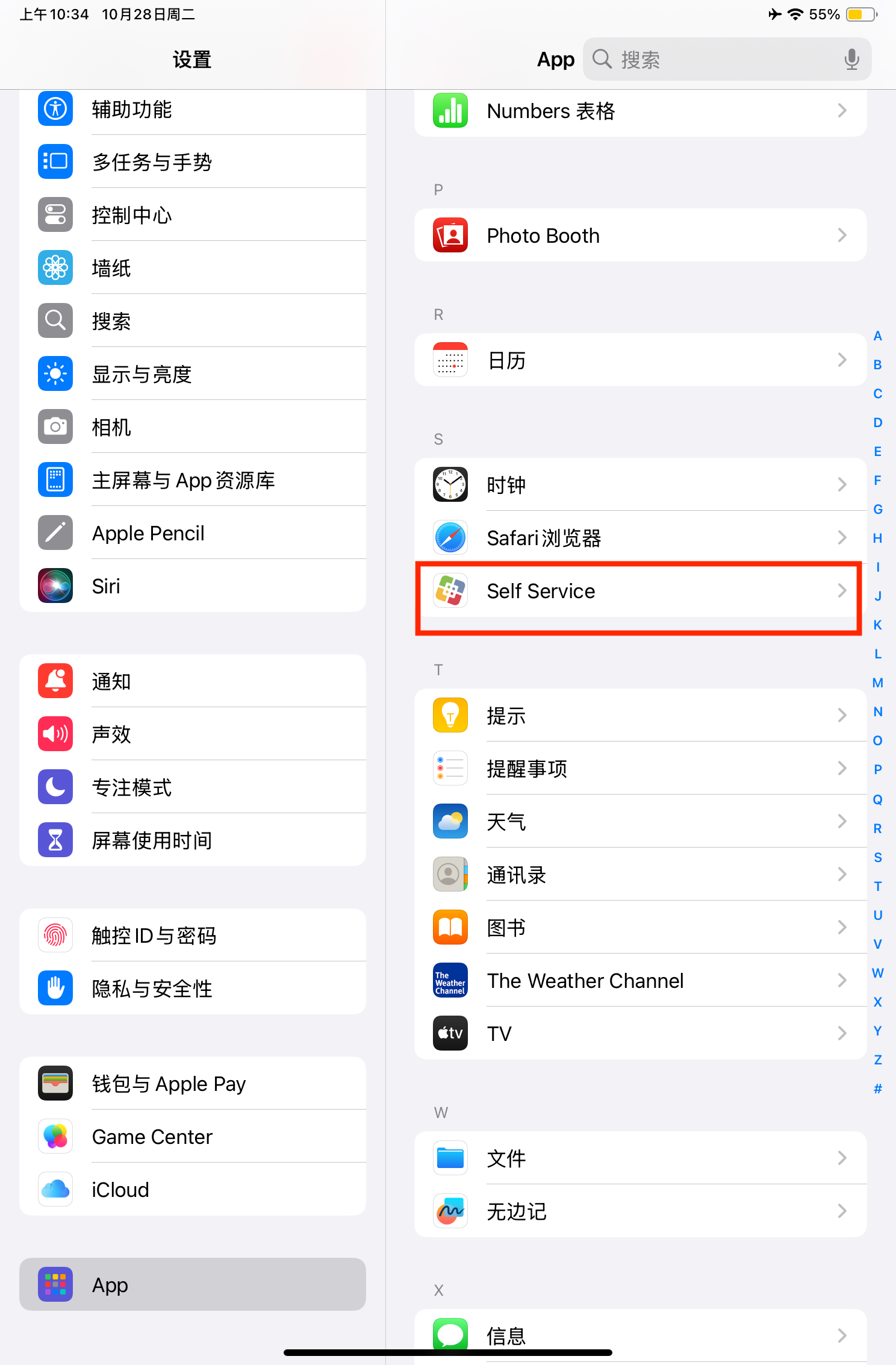 设置侧边栏中突出显示了“应用程序”项，应用程序列表中的 Self Service 以红色框标出。