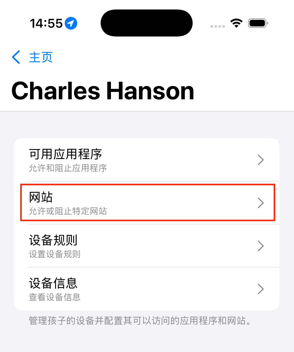 选择菜单的“网站”披露按钮周围有红色边框。
